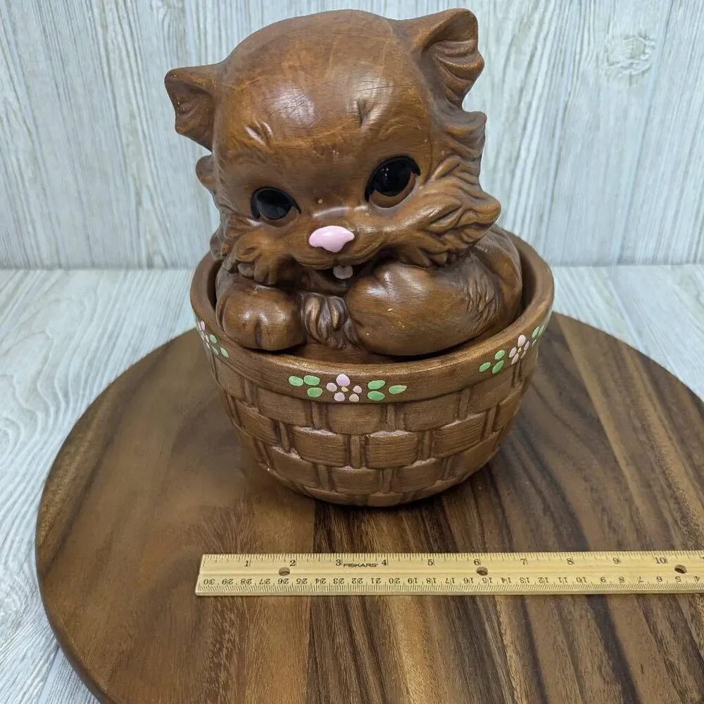 Vintage Twin Winton California Pottery Brown Cat Kitten In Basket Cookie Jar